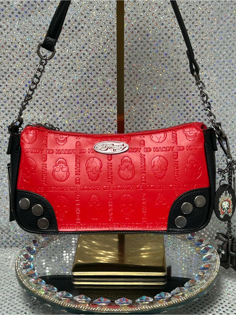 Ed Hardy Red and Black Shoulder Bag Chain Strap Approx. 10x5x2